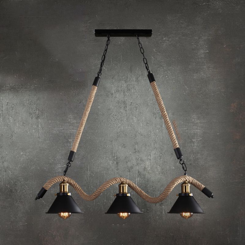 Black Indoor Island Pendant Light in Industrial Vintage Style Wrought Iron Ceiling Light with Hemp Rope