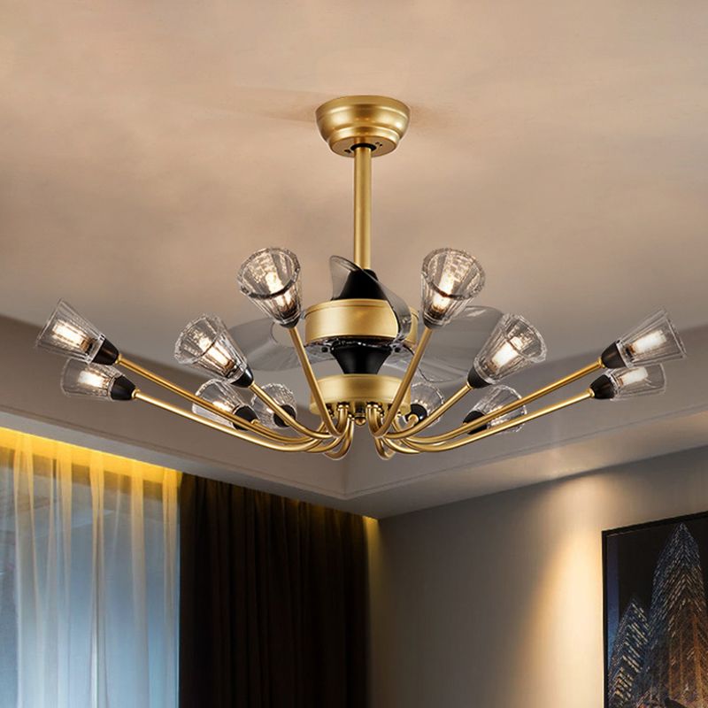 Prismatische Kristallkegel halb Flush Mount Kronleuchter postmoderner Messing 3-Blade-Hängende Lüfterlicht mit Fernbedienung