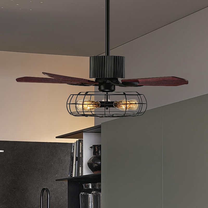 Ventilador de techo interior enjaulado con 5 cuchillas de metal vintage vintage semi flush luz de montaje en negro
