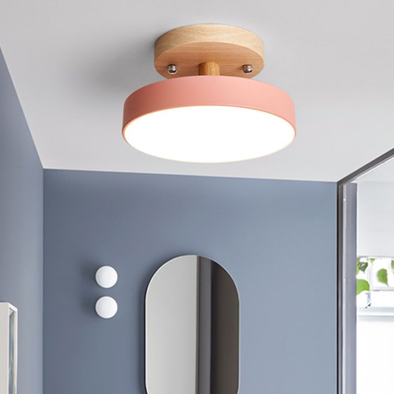 Round Corridor Semi Flush Light Acrylic Macaron Style LED Flush Ceiling Light with Wooden Canopy