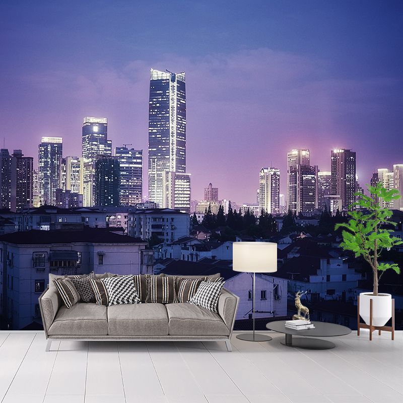 Modern City Building View Mural in Dark Color for Sitting Room ,Personalized Size