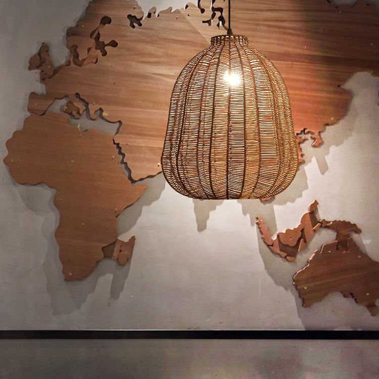 Farmhouse Natural Rattan Pendant Lighting 1-Light  Dining Room Hanging Lamp in Brown