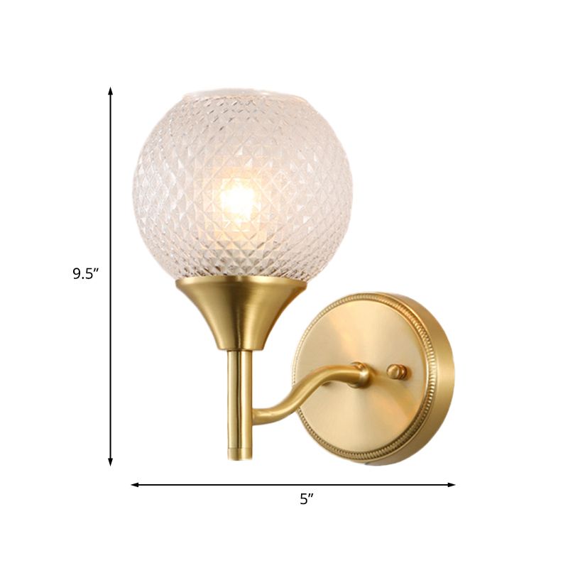 Spherical Corridor Wall Mounted Lighting Colonialist Clear Ribbed Glass 1-Light Gold Sconce