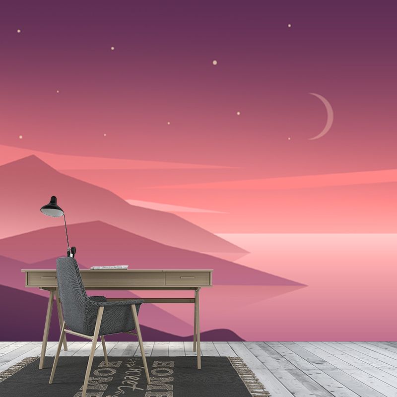 Starry Sky Mountain Landscape Mural Modern Non-Woven Fabric Wall Covering in Orange-Purple