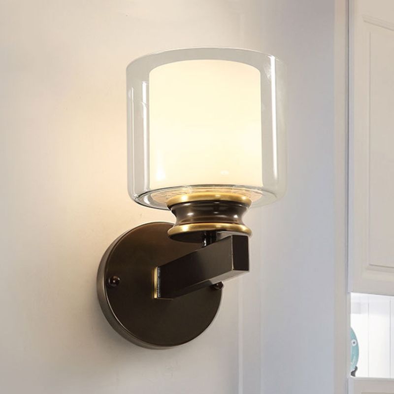 Black 1-Light Wall Mounted Light Traditional Metal Cylinder Wall Sconce with Double-Tier Glass Shade for Bedroom