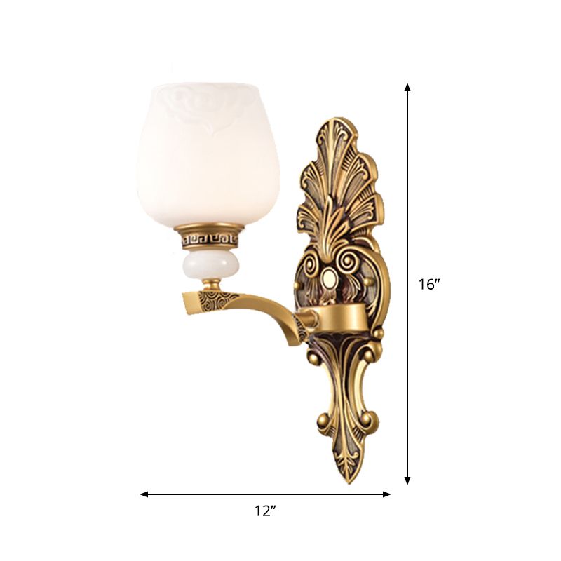 Brass 1/2 Heads Wall Mount Lamp Antiqued White Glass Cup Shape Wall Sconce Lighting for Bedroom