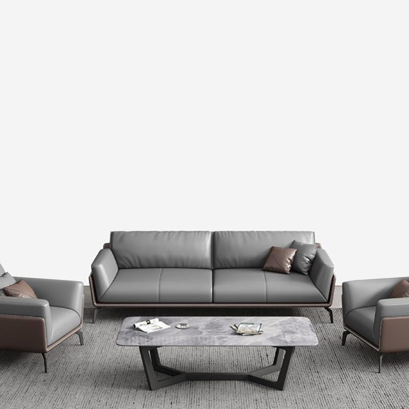 Modern Style Gray Leather Sofa Flared Arm Loose Back Sofa with Pillows