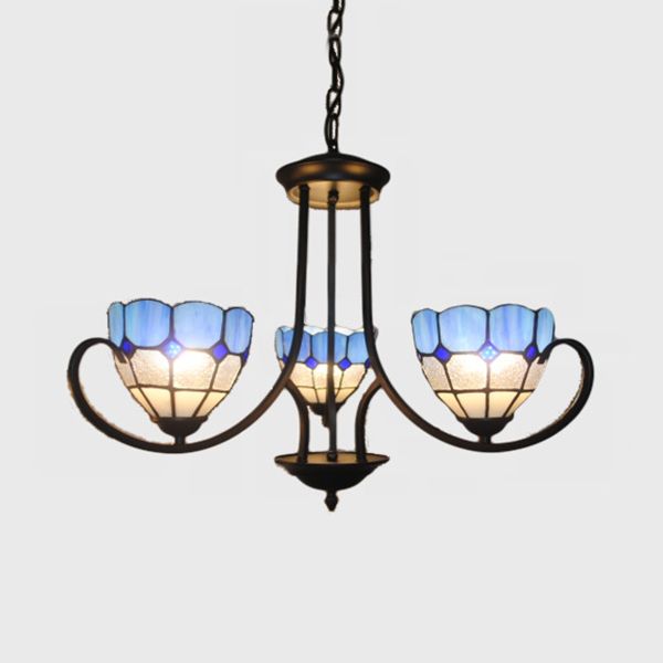 Baroque Bowl Hanging Ceiling Light 3 Lights Stained Glass Pendant Lighting in Blue for Foyer