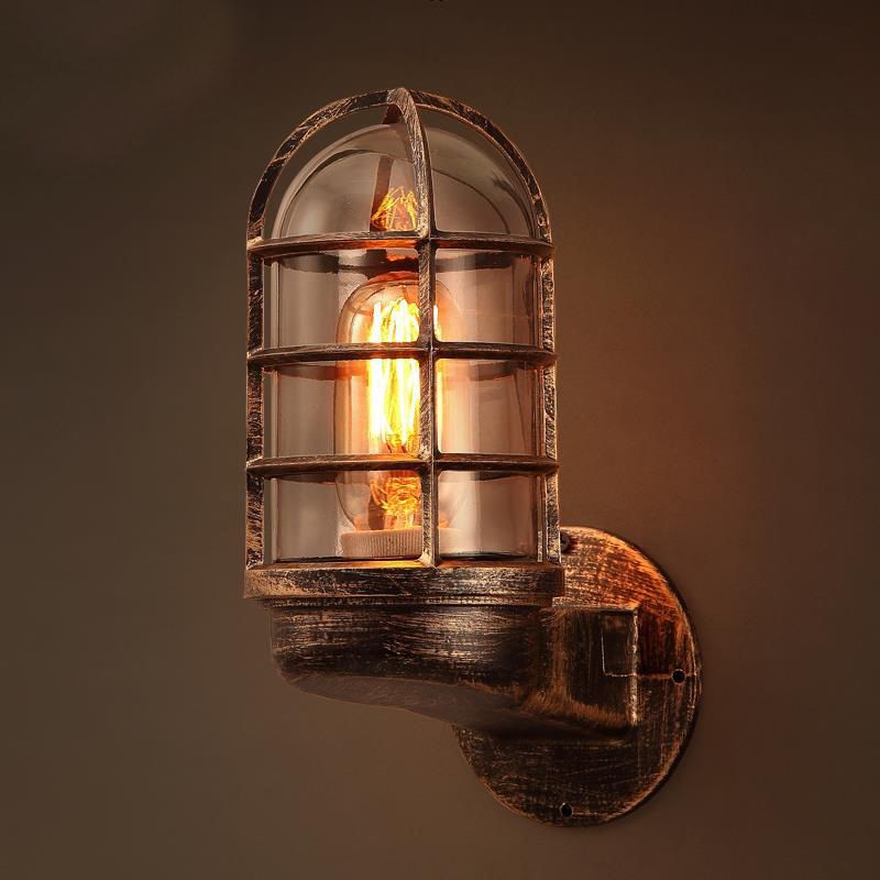 Antique Style Oval Wall Lamp 1-Light Clear Glass Sconce Light with Cage for Bathroom