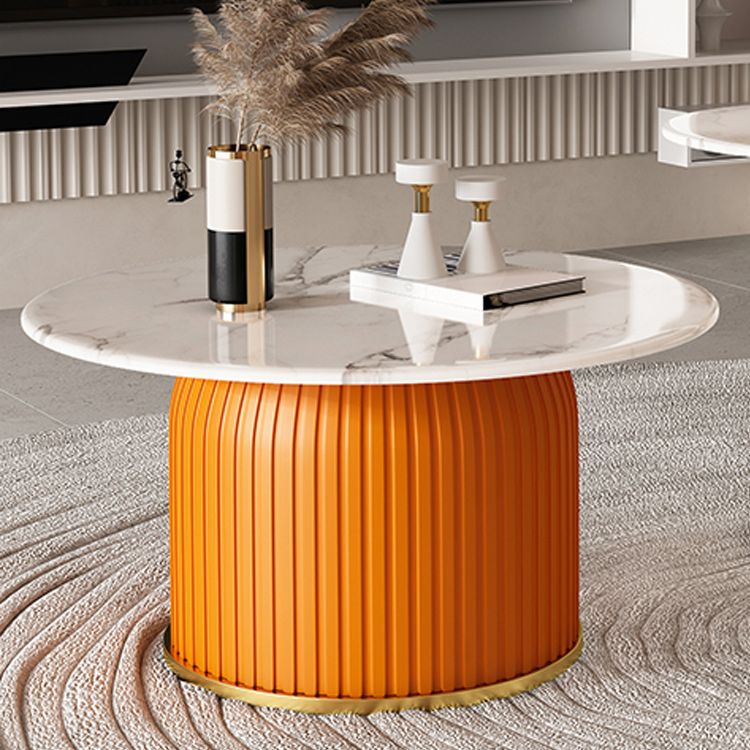 White Pedestal Round Glam Metal Coffee Cocktail Table with Slate Top