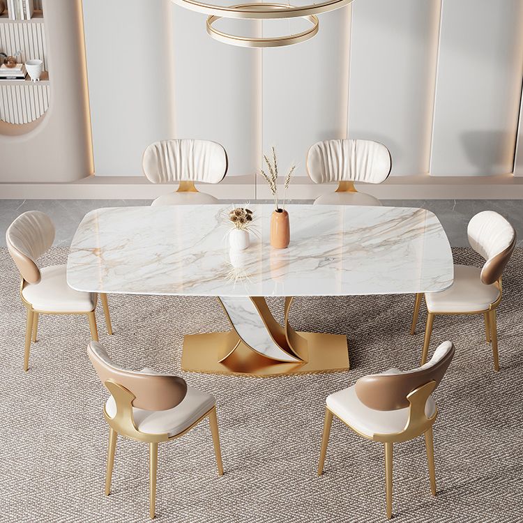 Luxury Rectangular White Stone Top Dining Table with Gold & White Metal X-Base