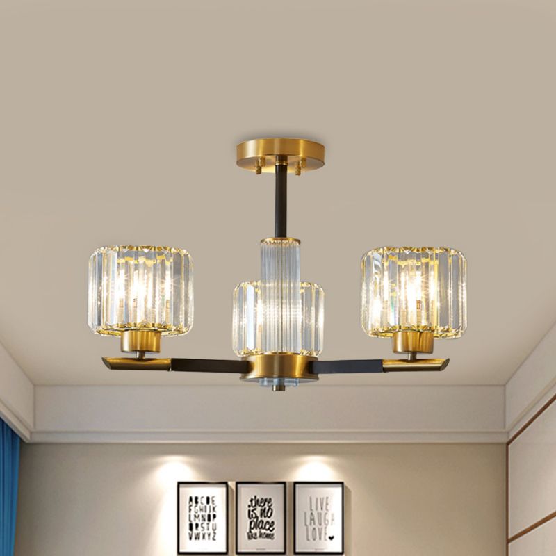 Simplicity Cylinder Semi Mount Lighting 3/6 Lights Crystal Block Ceiling Light in Black and Gold