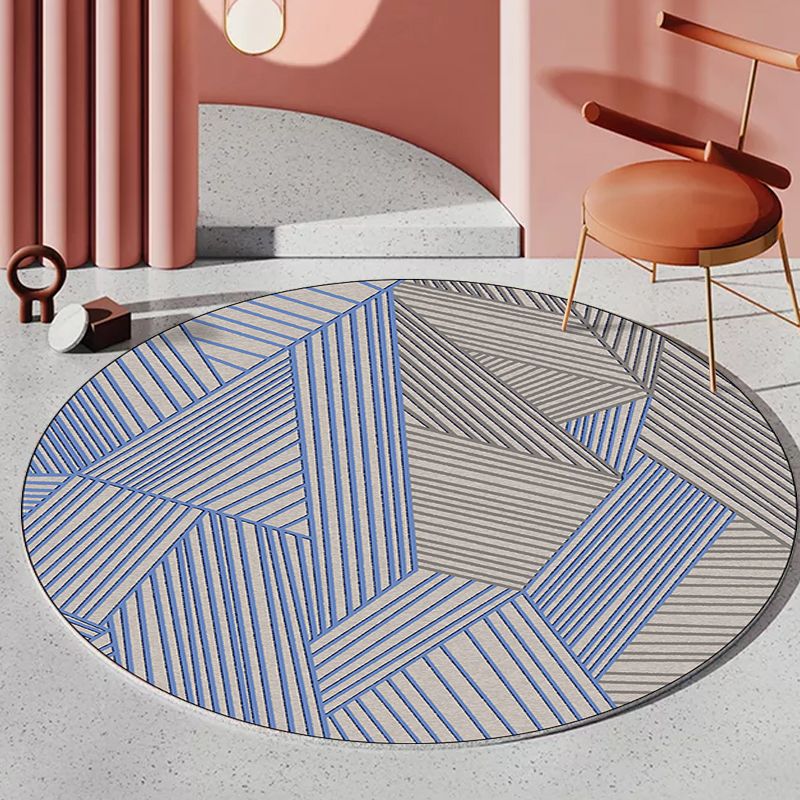 Brown and Blue Bedroom Rug Modern Geometric Stripe Pattern Area Rug Polyester Stain-Resistant Washable Carpet