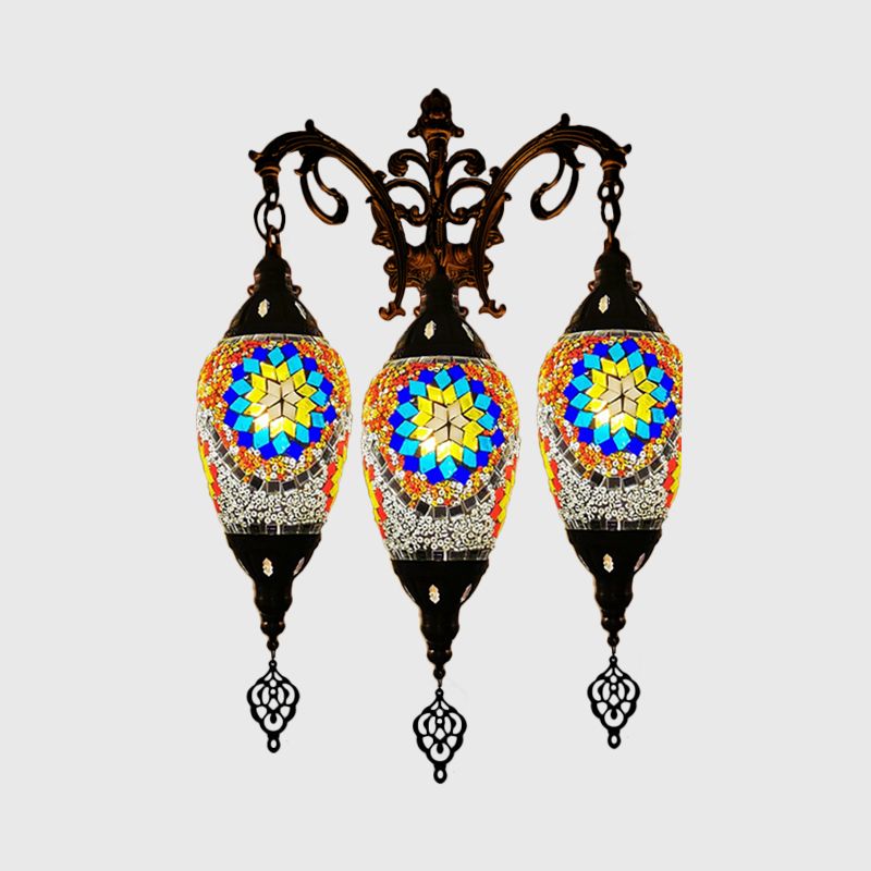 Traditional Oval Wall Mounted Lamp 3 Heads Stained Art Glass Sconce Light in White/Red/Light Blue