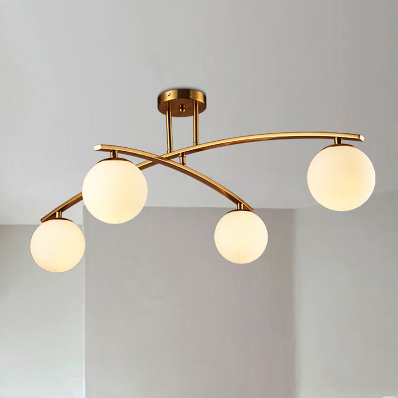 Modern Sphere Shade Semi Ceiling Mount Light Opal Glass Gold Ceiling Lamp for Study Room