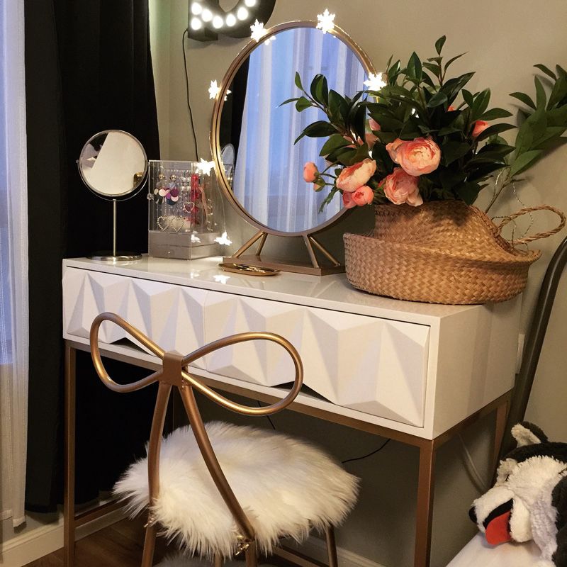 Wood/Iron Vanity Table in White Glam 31.5" H Dressing Table with Mirror and Stool