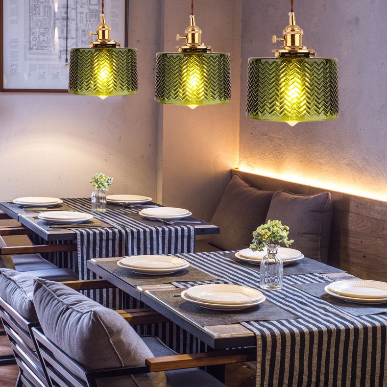 Cylinder Pendant Light Fixture Industrial Rippled Glass Hanging Pendant Lights for Bar