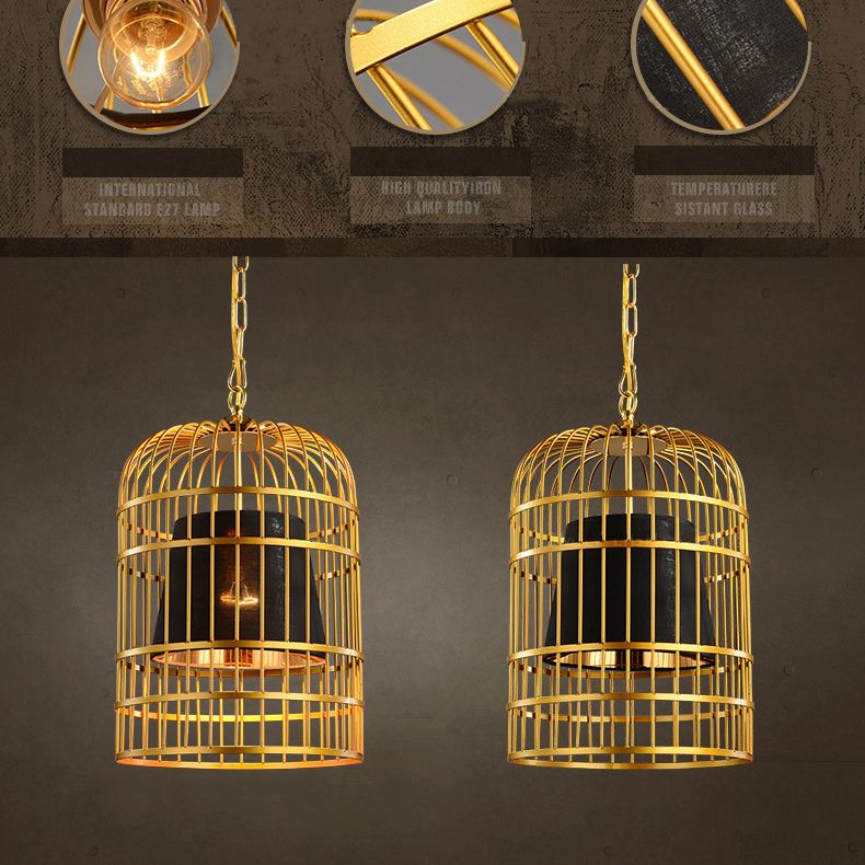 Golden Birdcage Design Metal Suspension Light Fabric Shade Creative Lighting Fixture with 35.5" Adjustable Hanging Chains
