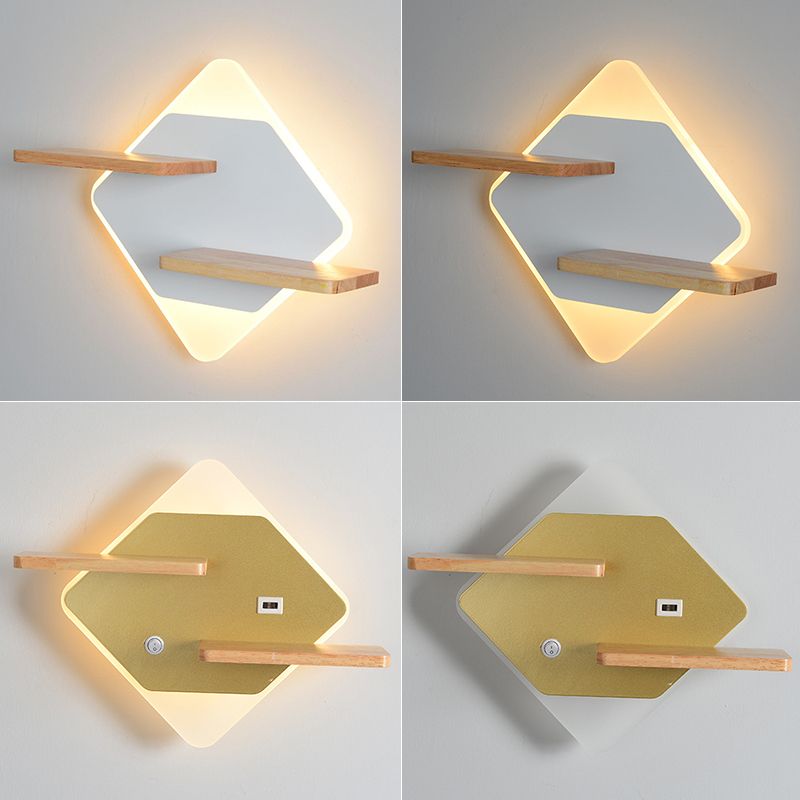 Geometric Shaped Wall Light Modern Acrylic Bedroom LED Sconce Light with Wooden Rack