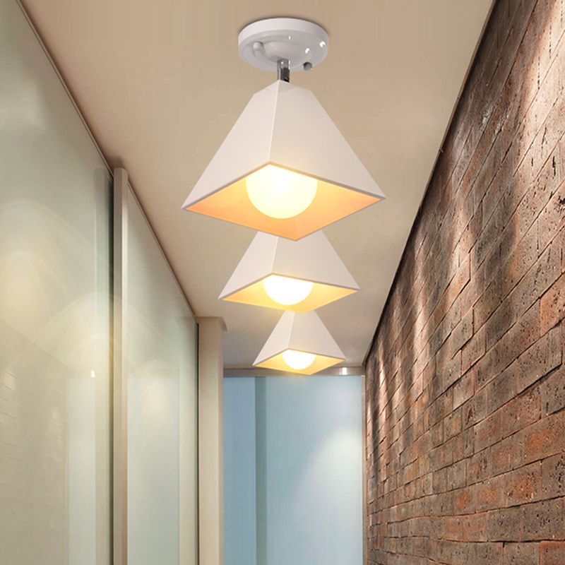 1/3-Bulb Pyramid Semi Flush Mount Light Vintage Style Black/White Metallic Ceiling Lighting for Corridor