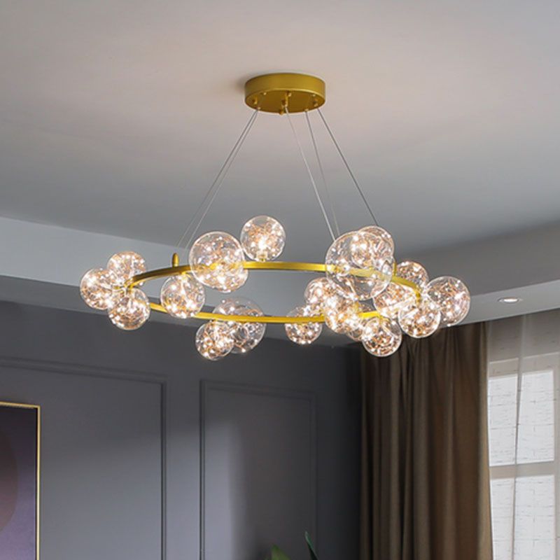 Orb Bedroom Hanging Chandelier Clear Glass Starry LED Modern Ceiling Suspension Lamp in Gold