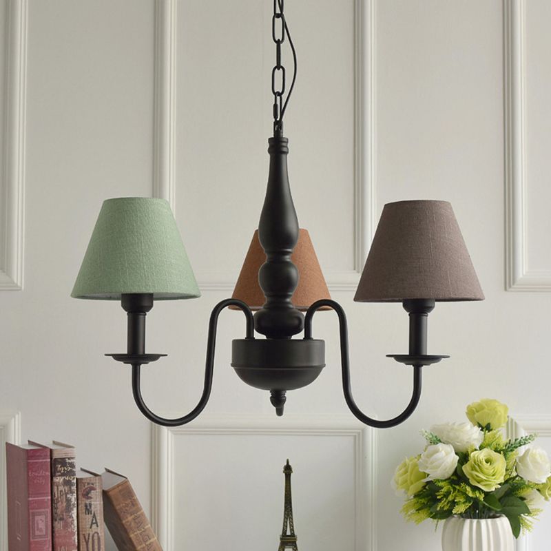 Three Lights Bucket Shade Chandelier Kids Metal Hanging Light for in Black for Kindergarten