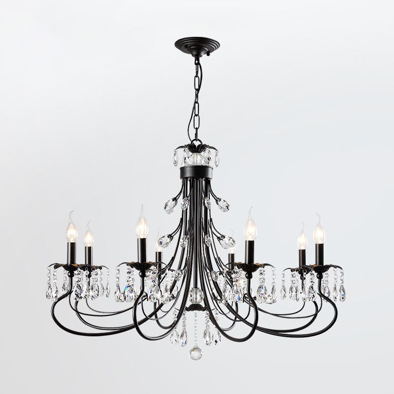 Zwart gebogen kroonluchter lamp boerderij metaal woonkamer kristallen hanglamp met kaarsenontwerp