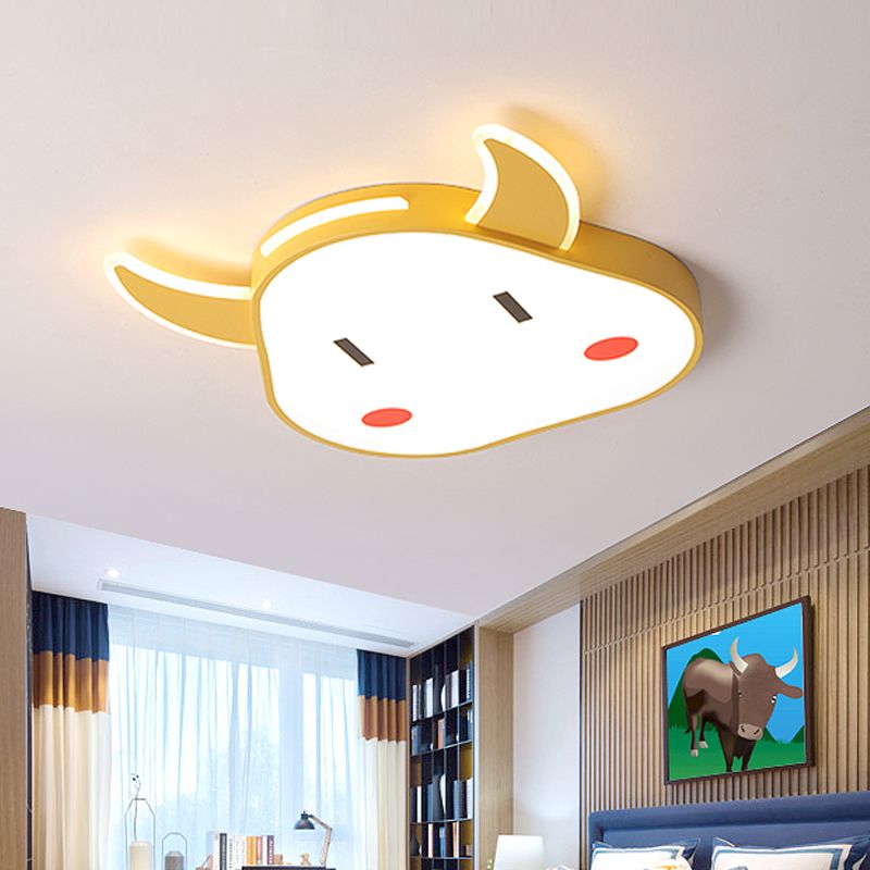Calf Shaped Ceiling Mount Light Fixture Cartoon Acrylic Yellow LED Flushmount for Bedroom in Warm/White Light