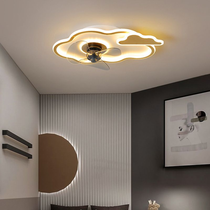 3-Blade Ceiling Fan Children Metallic Black/Golden Fan with Light for Foyer