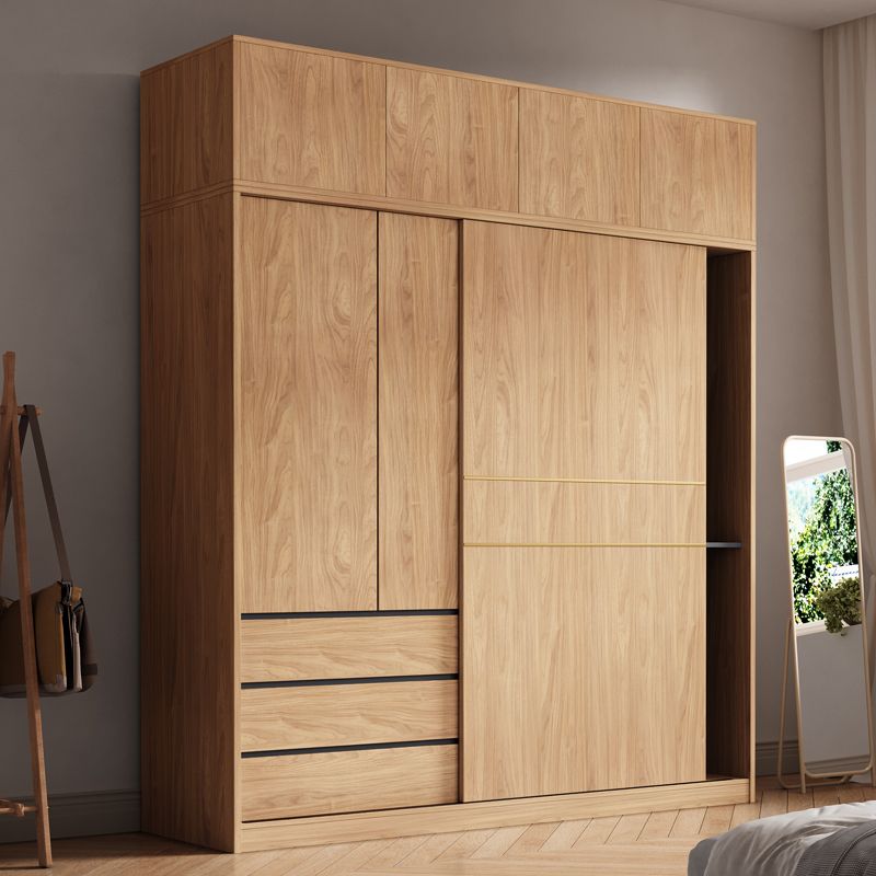 Natural Finish Wardrobe Armoire Sliding Wardrobe Cabinet with Drawer