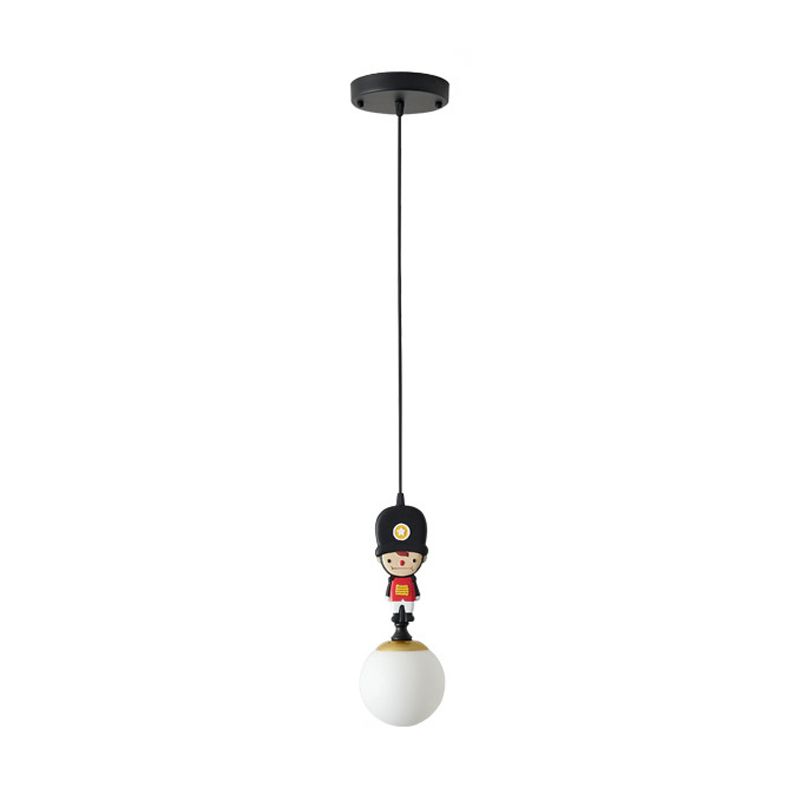 Globe Glass Hanging Lamp Cartoon 1 Head Black Pendant Lighting with Soldier Decoration