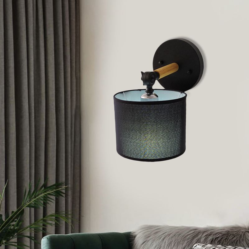 Modernism Armed Sconce Wood 1 Light Bedside Wall Lamp with Black Drum Fabric Shade