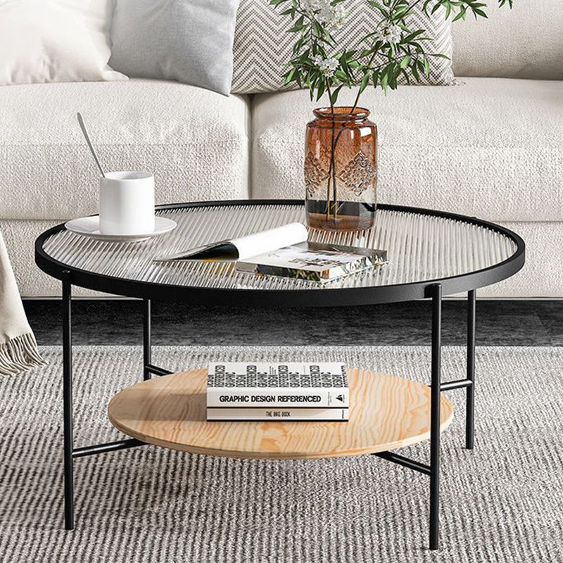 17.7" Tall Modern Cross Leg Glass Round Coffee Table with Shelf