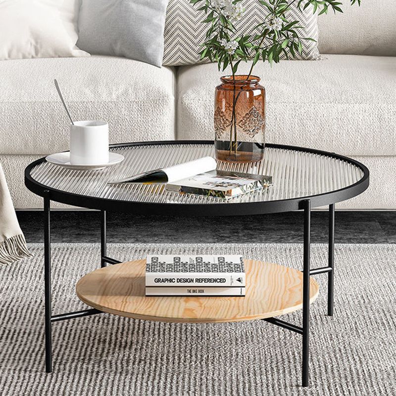 17.7" Tall Modern Cross Leg Glass Round Coffee Table with Shelf