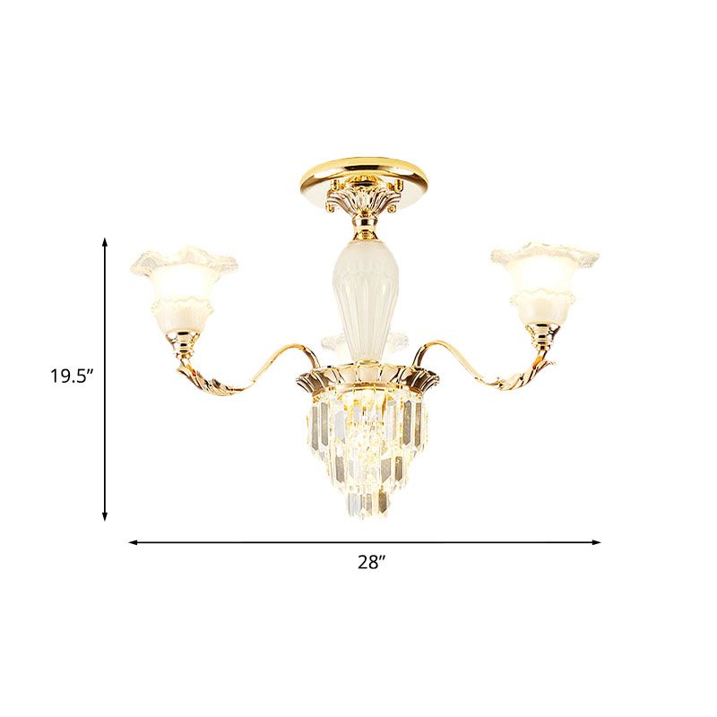 Tapered Crystal Prism Up Chandelier Modern 3/6-Light Bedroom Hanging Lamp with Ruffled Bell Frosted Glass Shade in Gold