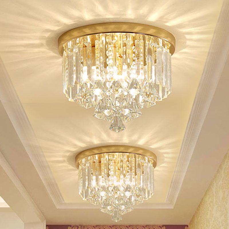 4-Light Crystal Flush Mount Lamp Modern Gold Cone Corridor Ceiling Light Fixture