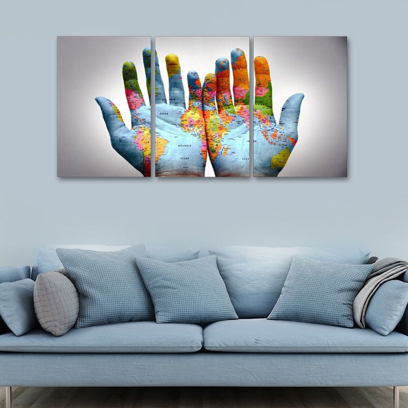 Photography World Map Hands Art Print for Meeting Room, Blue and White, Set of 3