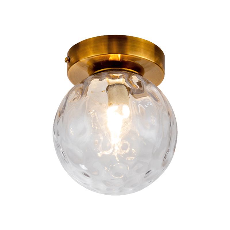 Single Bulb Flush Mount Vintage Modo Clear Dimpled Glass Ceiling Light Fixture in Brass