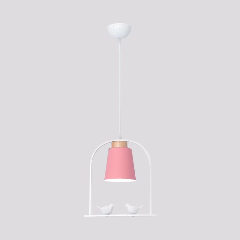 Bird Cage Shape Metal Down Lighting Macaron 1 Head White/Black/Grey Finish Pendulum Lamp with Small Barrel Shade