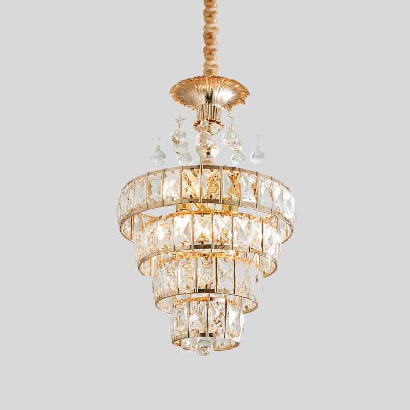 4-Tier Cone Crystal Drop Lamp Traditional 5 Lights Living Room Chandelier Pendant in Gold