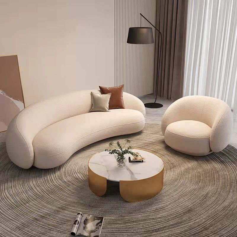 Contemporary White Wool Slope Arm Curved Sofa for Living Room