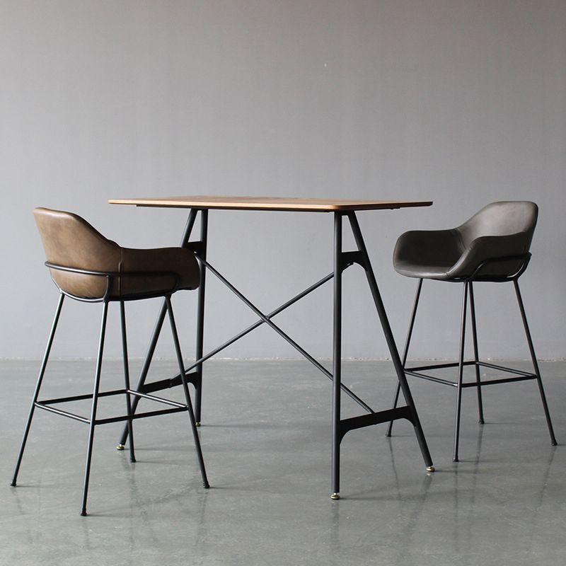 Contemporary Leather Armed Barstool Matte Finish Footrest Low Back Stool