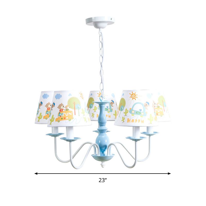 Undertint Tapered Shade Chandelier with Cartoon Pattern 5 Lights Metal Hanging Light for Kindergarten