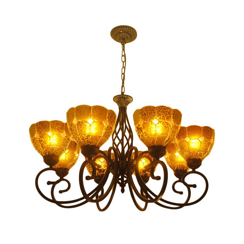 Curved Arm Chandelier Lighting Fixture Tiffany Tan Crackle Glass 8 Lights Gold Pendant Lamp