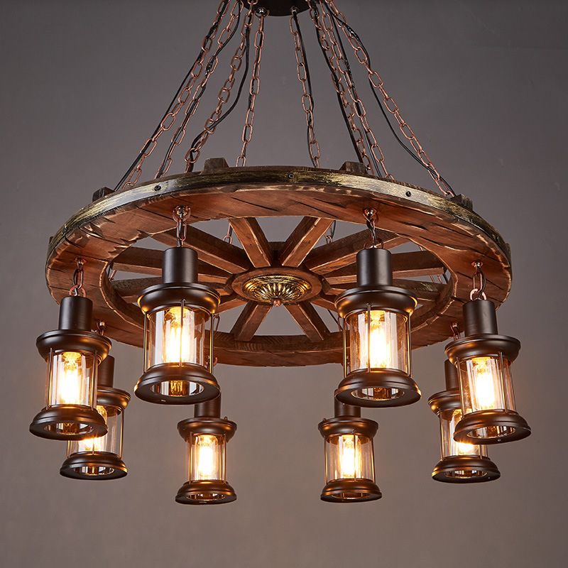 Ceiling Hanging Light Fixture Vintage Shaded Wood Ceiling Pendant Chandelier in Black