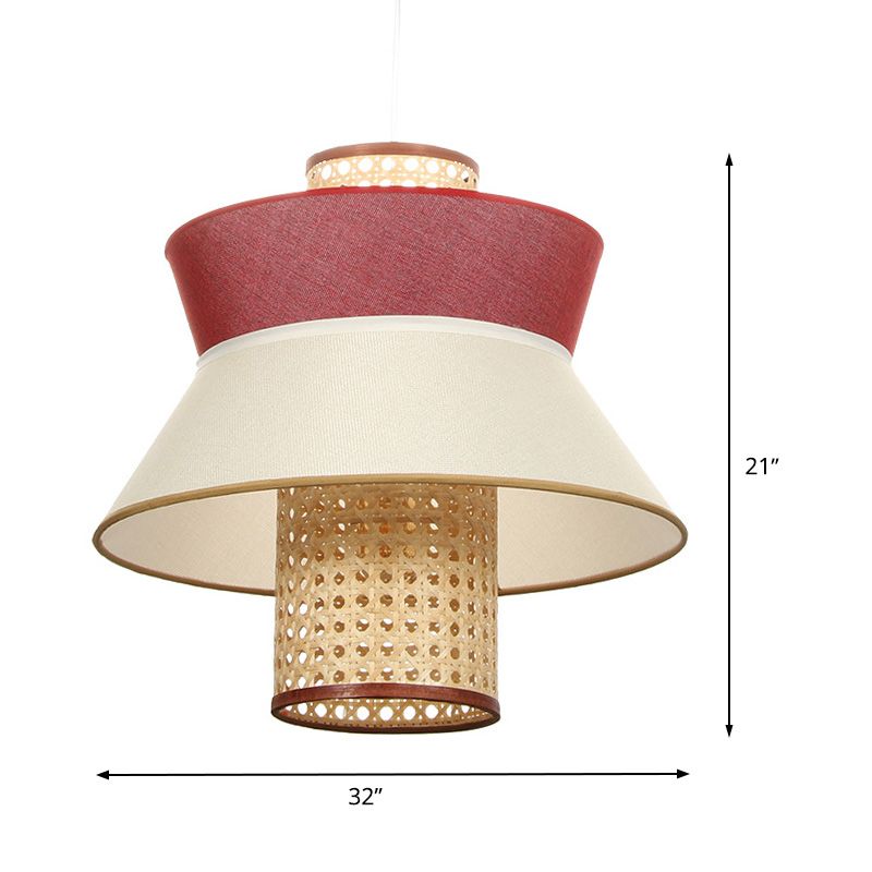 Pink Flared Ceiling Suspension Lamp Asian Style Single Bulb Rattan Hanging Light Kit for Dining Room