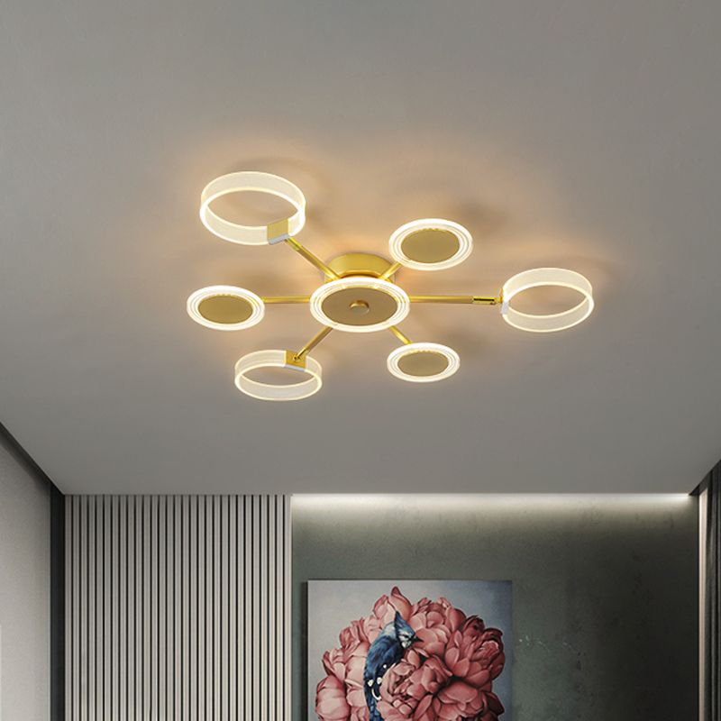 31.5"/39" W Modern Circle Semi Flush Acrylic 7/9 Heads Living Room LED Ceiling Mounted Fixture in Gold, Warm/White Light