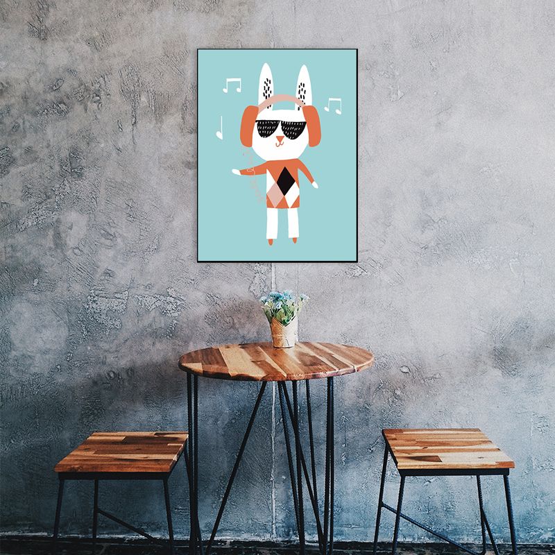 Cat with Headset Canvas Wall Art Green Kids Style Painting for Dining Room, Multiple Sizes