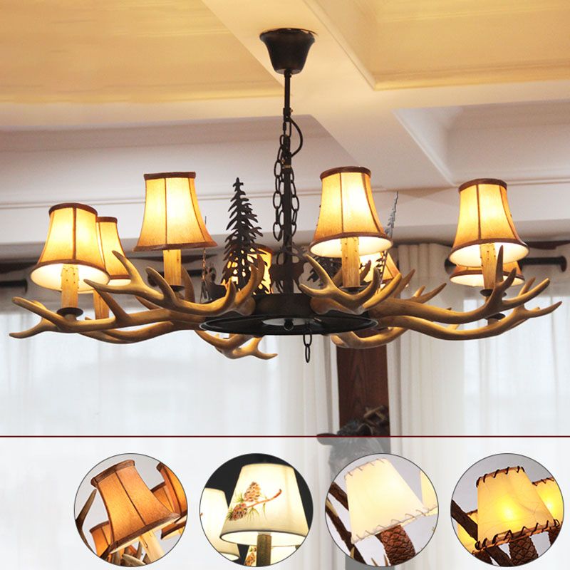 Resin Antler Ceiling Lighting Traditional Living Room Chandelier Light Fixture with Shade in Brown