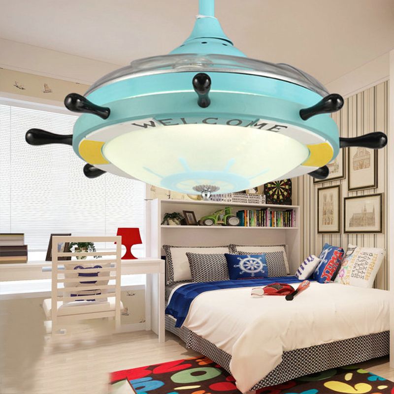35.5 "Iluminación de ventilador de vidrio esbelto de 35.5" Niños 1 cabeza Azul Semi Flush Mount Lighture para dormitorio, 4 cuchillas